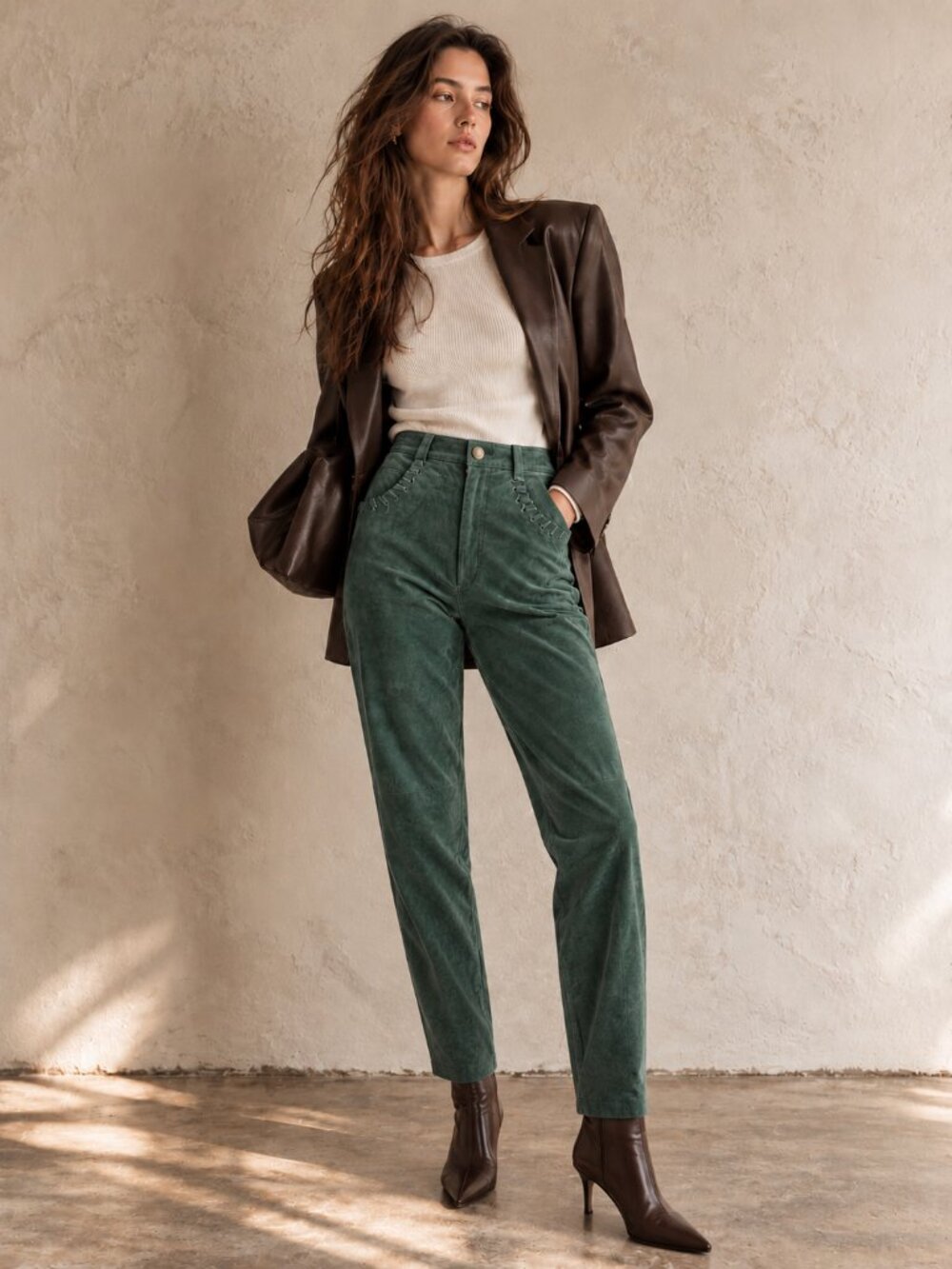 Vintage Green Suede Leather Pants | High Rise Western Inspired